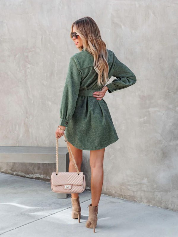 Women's Belted Long-sleeve Cotton Corduroy Shirtdress