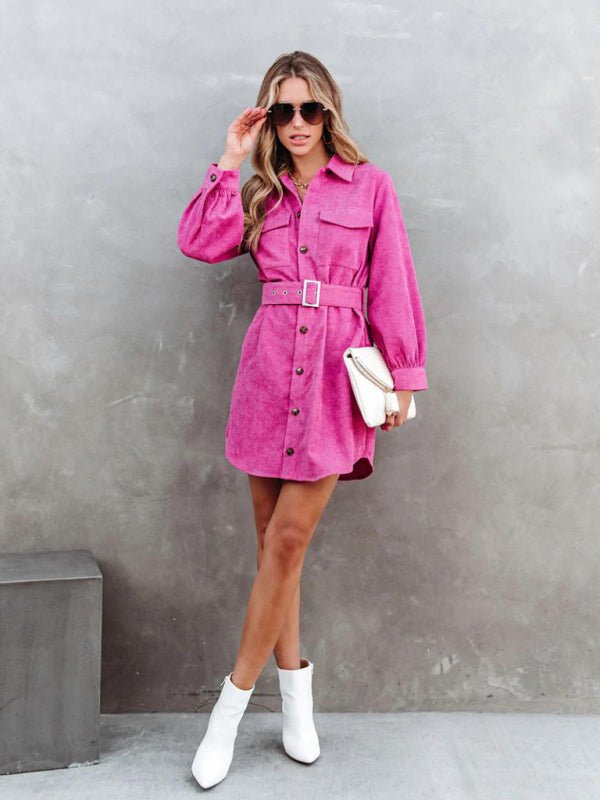 Women's Belted Long-sleeve Cotton Corduroy Shirtdress