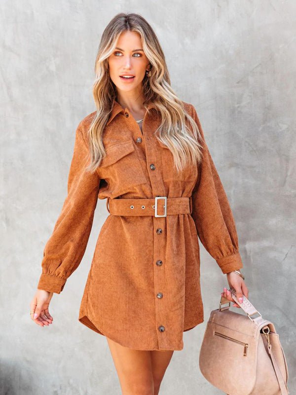 Women's Belted Long-sleeve Cotton Corduroy Shirtdress