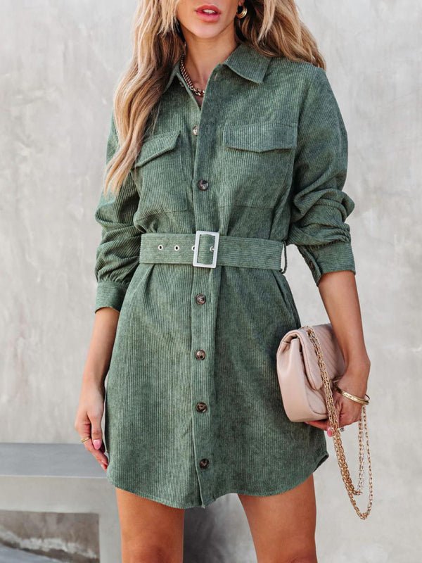 Women's Belted Long-sleeve Cotton Corduroy Shirtdress