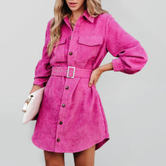 Women's Belted Long-sleeve Cotton Corduroy Shirtdress