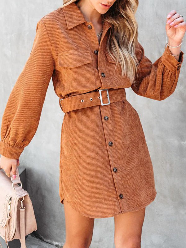 Women's Belted Long-sleeve Cotton Corduroy Shirtdress