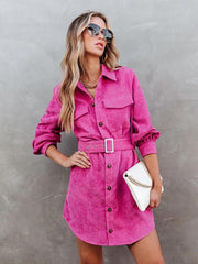 Women's Belted Long-sleeve Cotton Corduroy Shirtdress