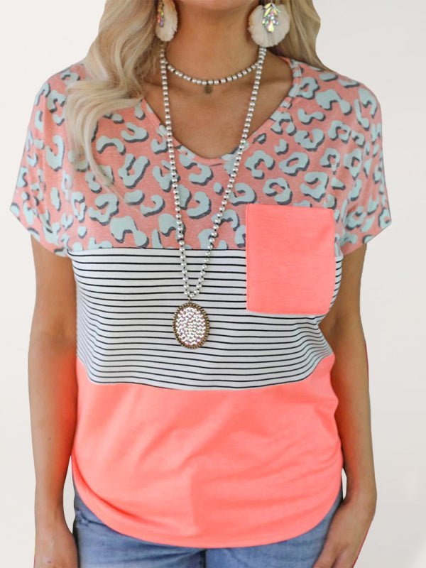 Women's Color Block Printed Chest Pocket Short Sleeve T-shirt