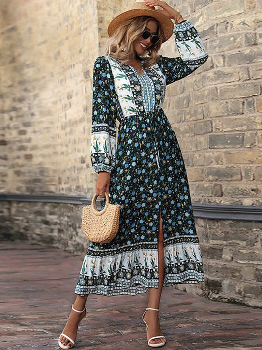 Women'S Fall New V-Neck Puff Sleeve Boho Print Long Sleeve Slit Dress