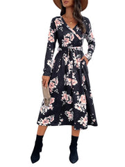 Women's Floral Print Faux Wrap Waist Tie Midi Dress