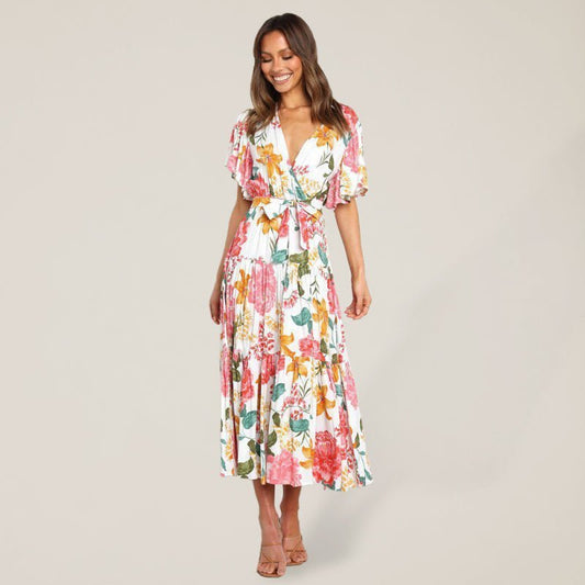 Women's Floral Print Flutter Sleeve Faux Wrap Midi Dress