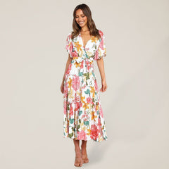 Women's Floral Print Flutter Sleeve Faux Wrap Midi Dress