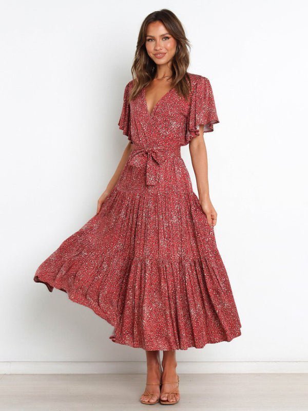 Women's Floral Print Flutter Sleeve Faux Wrap Midi Dress