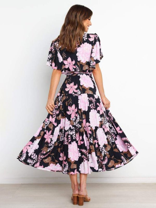 Women's Floral Print Flutter Sleeve Faux Wrap Midi Dress