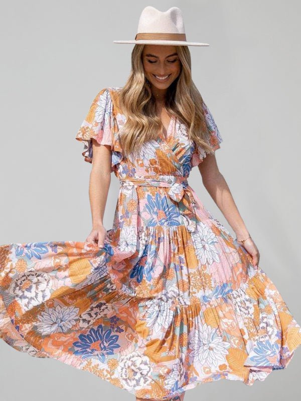 Women's Floral Print Flutter Sleeve Faux Wrap Midi Dress