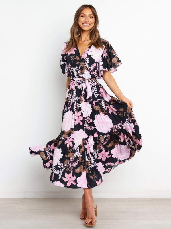 Women's Floral Print Flutter Sleeve Faux Wrap Midi Dress