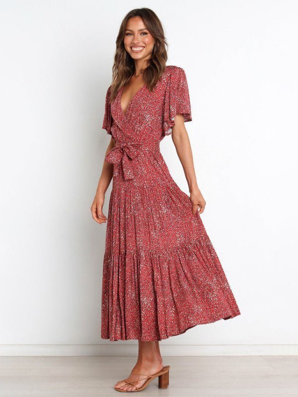 Women's Floral Print Flutter Sleeve Faux Wrap Midi Dress