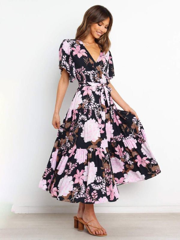 Women's Floral Print Flutter Sleeve Faux Wrap Midi Dress