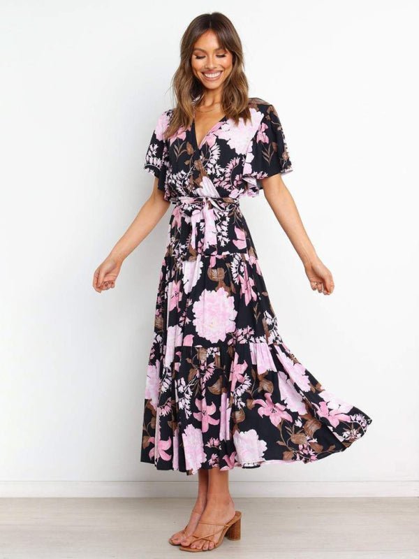 Women's Floral Print Flutter Sleeve Faux Wrap Midi Dress