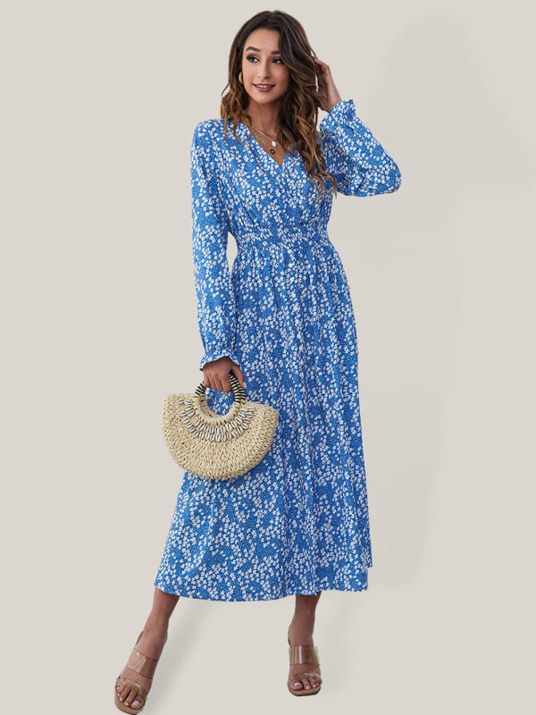 Women's Floral Smocked Waist Long Sleeve Midi Dress