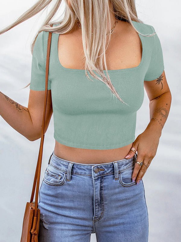 Women's Knit Square Neck Cropped Short Sleeve T-Shirt