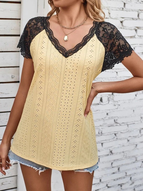 Women's Lace Petal Sleeve V-Neck Open Knit Top