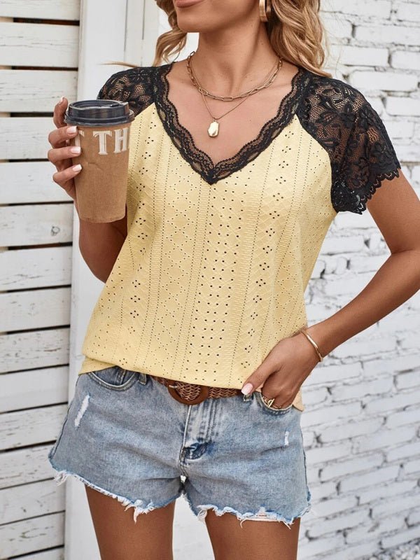 Women's Lace Petal Sleeve V-Neck Open Knit Top